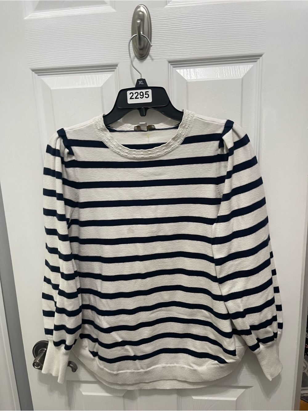 crown & ivy Navy and White Striped Puff-Sleeve Crewneck